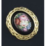 An early 20th century French 18ct gold mounted micro mosaic brooch, with floral decoration, 1.5in.