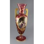 A large Bohemian ruby glass amphora-shaped vase, late 19th century, finely enamelled to a raised