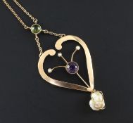 An early 20th century 9ct gold, peridot, amethyst and pearl set drop pendant necklace, in the