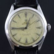 A gentleman's 1950's stainless steel semi-bubble back Rolex Oyster Perpetual wrist watch, with baton