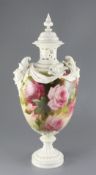 A large Royal Worcester two handled vase and cover, early 20th century, painted by Sedgley with pink