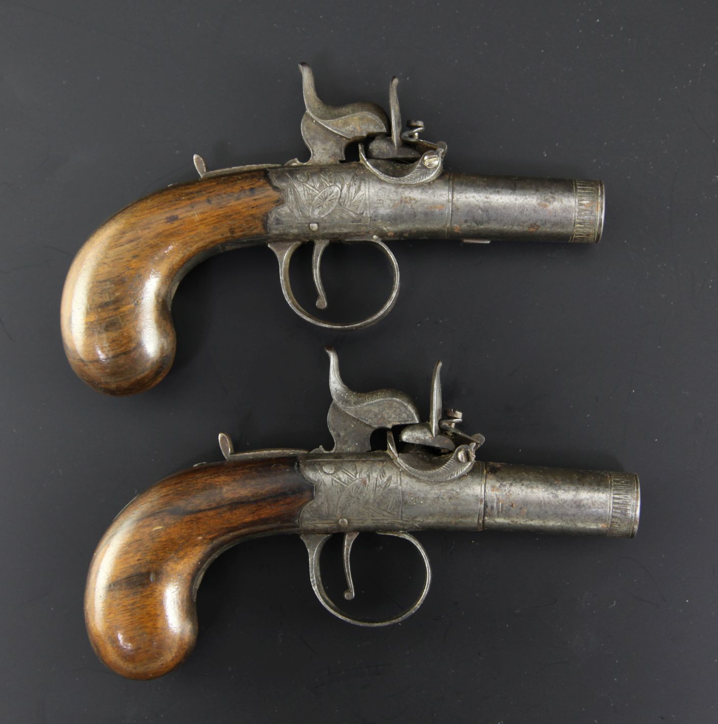 A pair of early 19th century boxlock percussion cap pistols, with cylindrical barrels, converted - Image 2 of 2