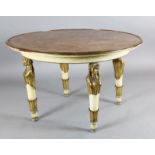 An early 20th century burr walnut parcel gilt and cream painted centre table, with circular top