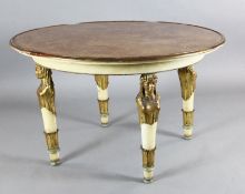 An early 20th century burr walnut parcel gilt and cream painted centre table, with circular top