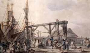 Philip James de Loutherbourg (1740-1812)watercolour and inkMargate Jetty, arrival of The Houghsigned