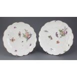 Two Chelsea lobed dishes, c.1755, each painted with insects and floral sprays, red anchor marks,