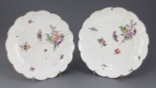 Two Chelsea lobed dishes, c.1755, each painted with insects and floral sprays, red anchor marks,