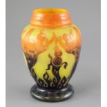 A Le Verre Francais cameo glass vase, c.1920's, decorated in orange, blue and green with flame