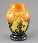 A Le Verre Francais cameo glass vase, c.1920's, decorated in orange, blue and green with flame