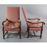 A pair of 17th century style mahogany armchairs, with turned and squared underframes, W.2ft 2in. D.