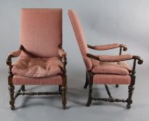 A pair of 17th century style mahogany armchairs, with turned and squared underframes, W.2ft 2in. D.