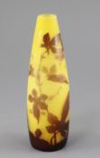 A Galle cameo glass conical vase, c.1905, decorated with a flowering climbing plant in brown, on a