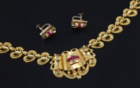 A stylish 1950's? continental gold and synthetic ruby set necklace and a pair of similar 9ct gold