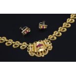 A stylish 1950's? continental gold and synthetic ruby set necklace and a pair of similar 9ct gold