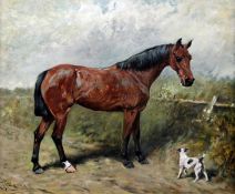 John Emms (1843-1912)oil on canvasStudy of a chestnut hunter and terriersigned16 x 20in.