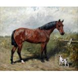 John Emms (1843-1912)oil on canvasStudy of a chestnut hunter and terriersigned16 x 20in.