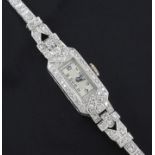 A 1930's/1940's platinum and diamond set Crusader manual wind cocktail watch, with rectangular