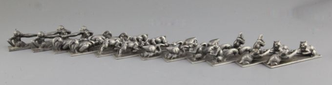 A set of twelve Art Deco style English pewter knife rests, modelled as animals, 4.5in.