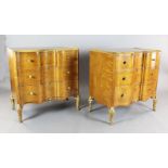 A pair of serpentine maple wood commodes, by Hille, London, each with three short and two long