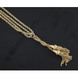 A pair of gold ropetwist and multi tassel drops suspended from a Victorian 9ct gold guard chain,