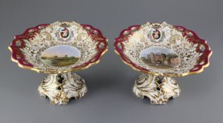 A rare pair of George Grainger & Co. Worcester topographical dessert comports, c.1846, each piece