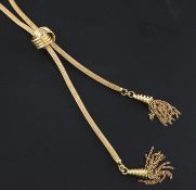 A 20th century Israeli 18ct gold double drop tassel necklace, with reeded knot slide, overall 30in.