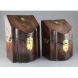 Two George III mahogany knife boxes, each with matrix interiors and serpentine fronts, height 12.
