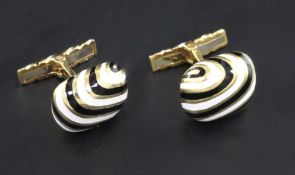 A pair of David Webb 18ct gold and two colour enamel cufflinks, with swirling decoration, 15mm.