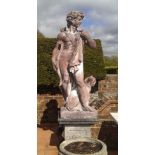 A pair of reconstituted stone garden statues modelled as a classical hunter and a maiden with