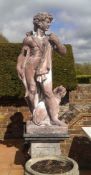 A pair of reconstituted stone garden statues modelled as a classical hunter and a maiden with