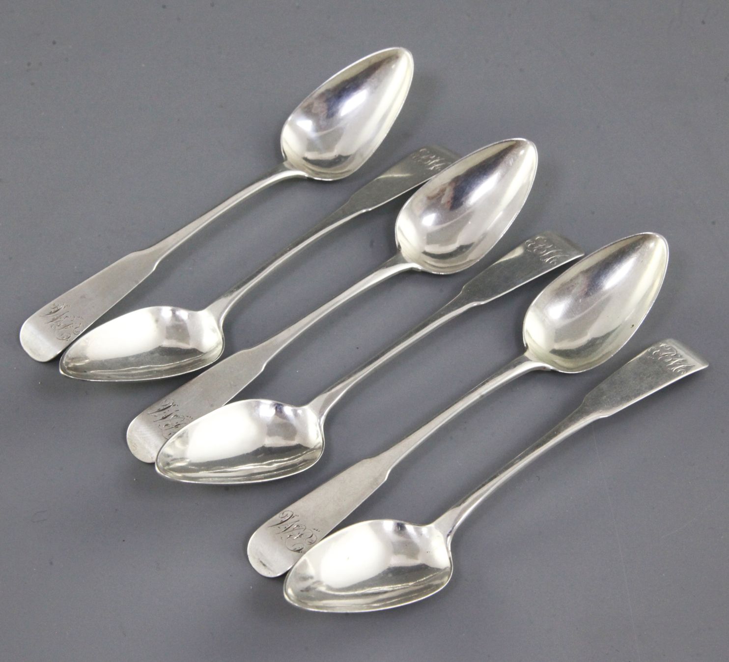 A set of six William IV provincial Scottish silver fiddle pattern teaspoons by Peter Lambert,