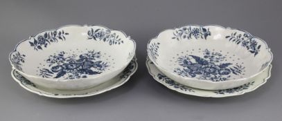 A pair of Worcester pierced pine cone pattern cress dishes, a stand and a similar plate, c.1775,