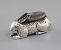 An Edwardian novelty silver pin cushion modelled as a hare by Boots Pure Drug Company, Birmingham,