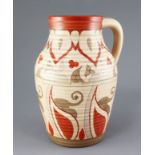 A Clarice Cliff Persian pattern lotus jug, c.1936-41, painted in alternative caramel, brown, red and