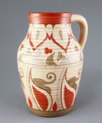 A Clarice Cliff Persian pattern lotus jug, c.1936-41, painted in alternative caramel, brown, red and