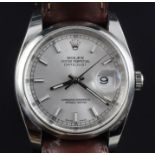 A gentleman's modern stainless steel Rolex Oyster Perpetual Datejust wrist watch, the silvered
