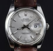 A gentleman's modern stainless steel Rolex Oyster Perpetual Datejust wrist watch, the silvered