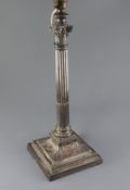 A late Victorian silver corinthian column table lamp by James Dixon & Sons, on stepped square base