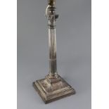 A late Victorian silver corinthian column table lamp by James Dixon & Sons, on stepped square base