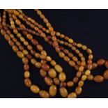 Four single strand graduated oval yellow amber bead necklaces, one with gilt metal clasp, gross