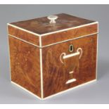 A Regency satinwood, marquetry and ivory inlaid tea caddy, decorated with an urn and containing a