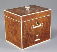 A Regency satinwood, marquetry and ivory inlaid tea caddy, decorated with an urn and containing a