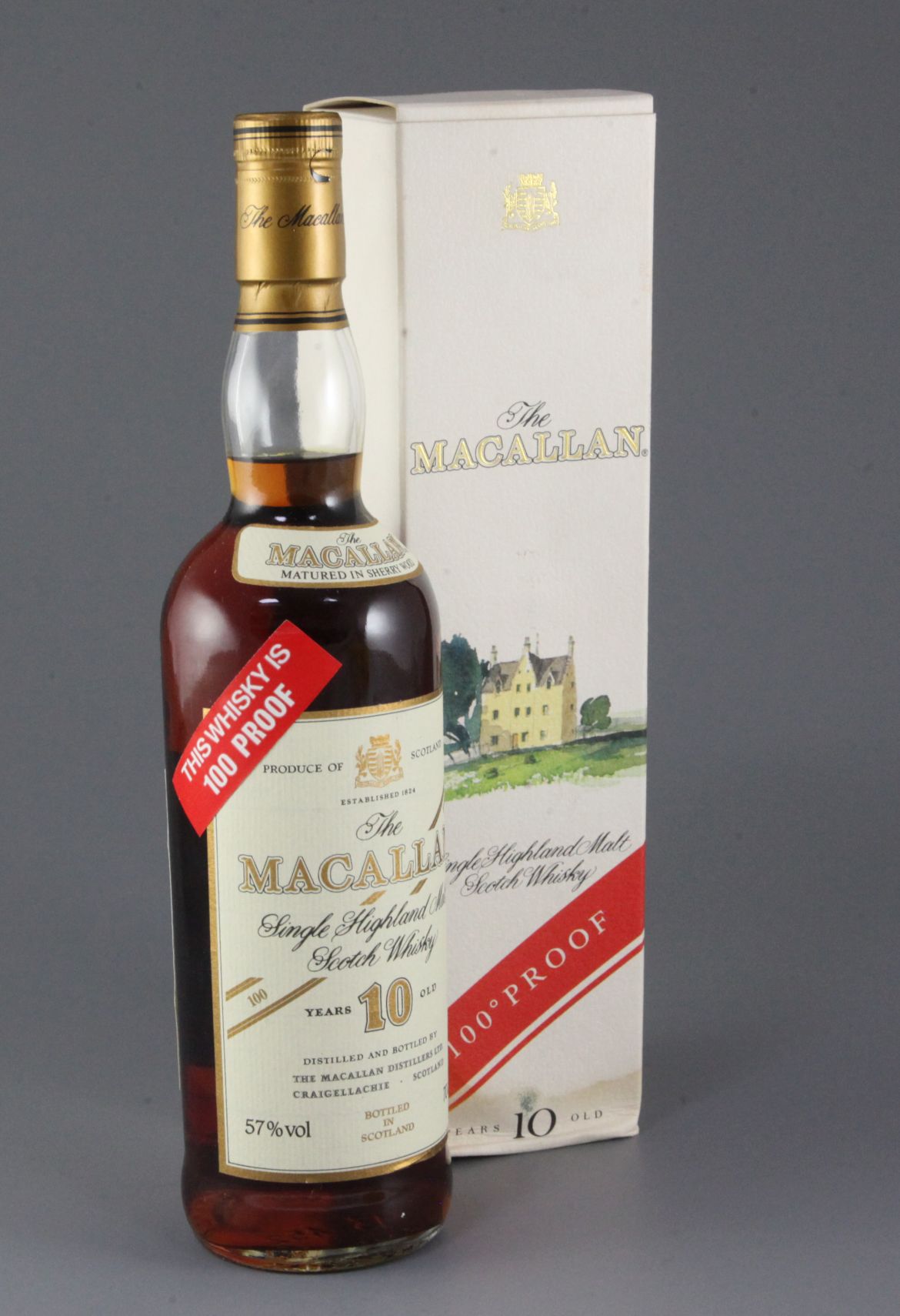 One bottle of The Macallan 10 Years Old 100% proof red label Single Highland Malt Scotch Whisky,