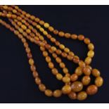 Three single strand graduated oval yellow amber bead necklaces, two with metal clasps, gross 102