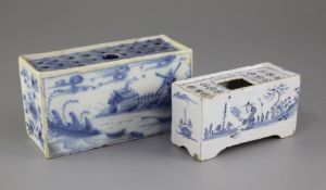 An English delftware blue and white flower brick and a similar Delft flower brick, c.1760, the