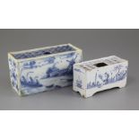 An English delftware blue and white flower brick and a similar Delft flower brick, c.1760, the