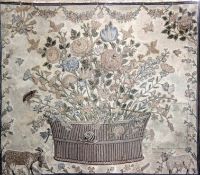 An early 18th century English needlework panel, depicting flowers in a basket, with a snail and