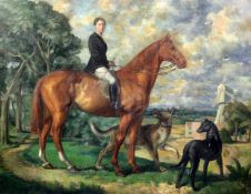 Modern Britishoil on canvasPortrait of an equestrienne with dogs in a landscape28 x 36in.