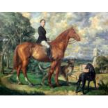 Modern Britishoil on canvasPortrait of an equestrienne with dogs in a landscape28 x 36in.