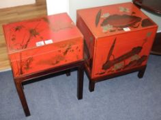 Two Chinese red lacquer boxes and stands